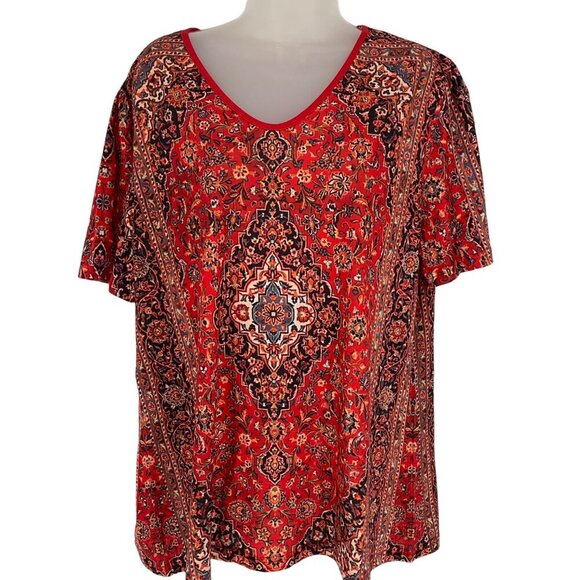Red & Black Floral Print V-Neck Short Sleeve Womens Top Size XXL - Picture 1 of 8
